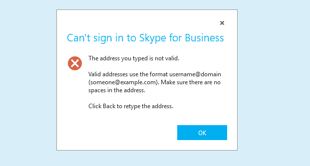 Skype: Den adresse, du har indtastet, er ikke gyldig