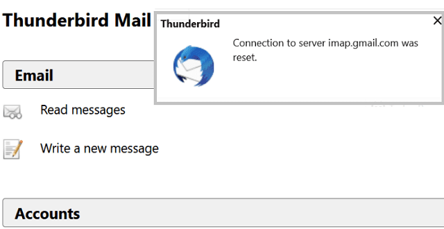 Error de Thunderbird: es va restablir la connexió al servidor