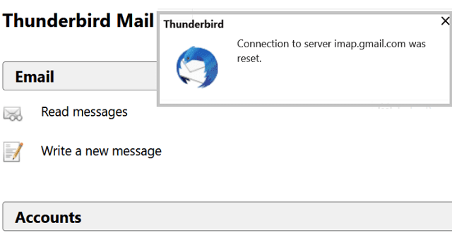Тхундербирд грешка: Веза са сервером је ресетована