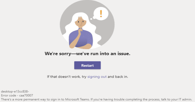 Rješavanje problema Microsoft Teams Greška caa70007