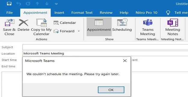 Team i Outlook: Vi kunne ikke planlegge møtet