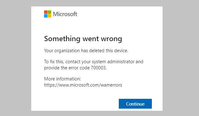 Opravit chybu Office 365 70003: Vaše organizace toto zařízení smazala