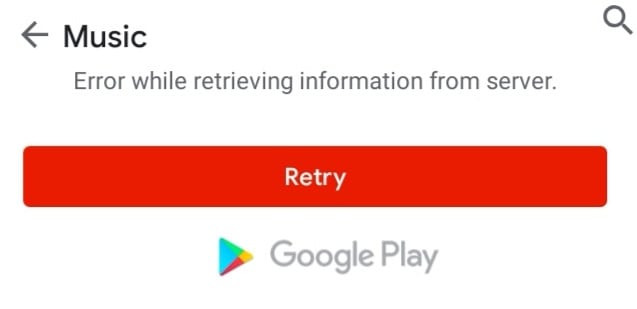 Napaka v Glasbi Google Play pri pridobivanju informacij iz strežnika