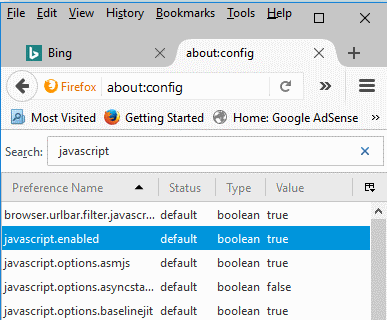 Firefox: Povolit/zakázat Javascript
