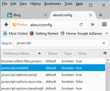 Firefox: iespējot/atspējot Javascript