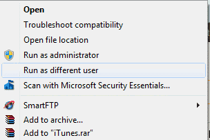 Windows: Ota käyttöön Suorita eri käyttäjänä