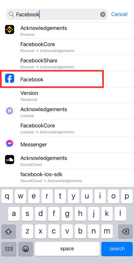 Barra de cerca de configuració del telèfon iOS Aplicació de Facebook