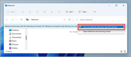 Подканата за мрежа и споделяне на файлове в панела мрежа в Windows 11.