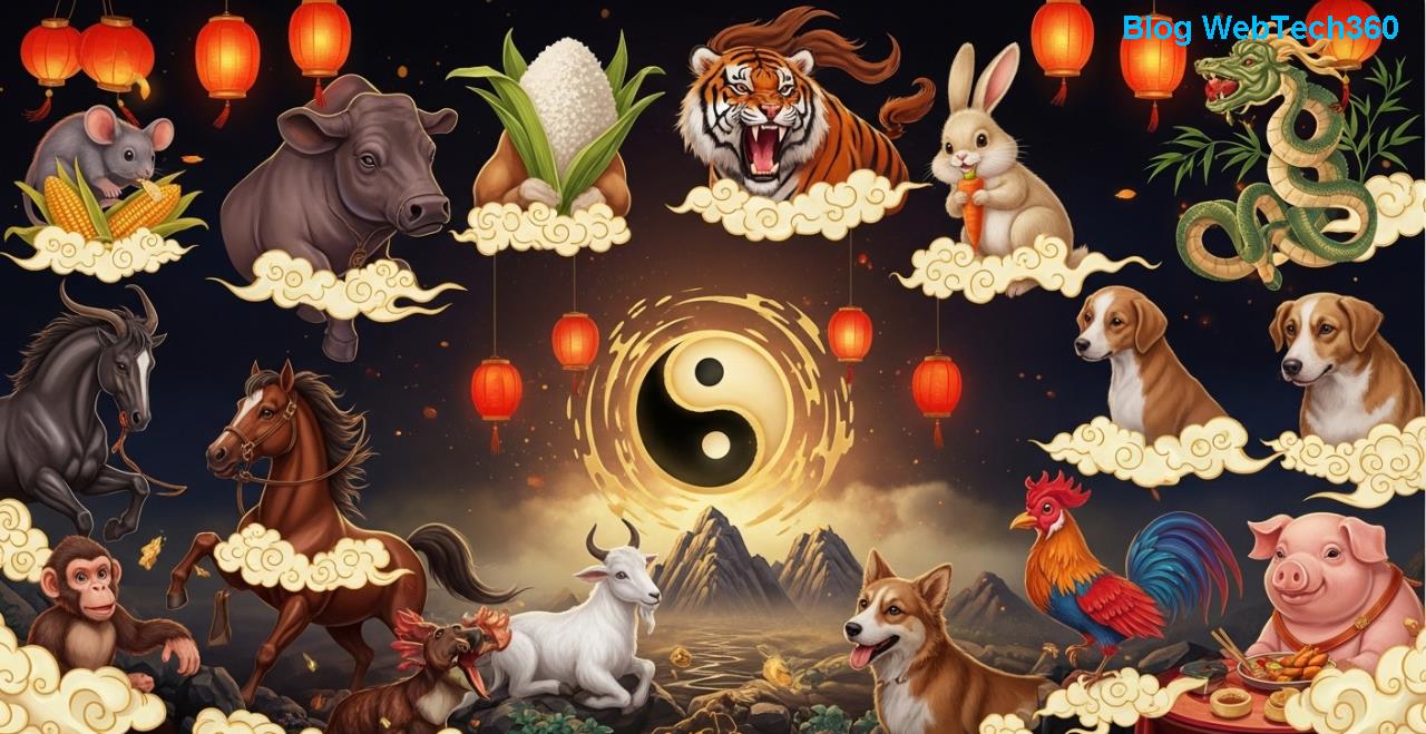 Illustrasjon av de 12 kinesiske zodiakdyrene i en mytisk scene