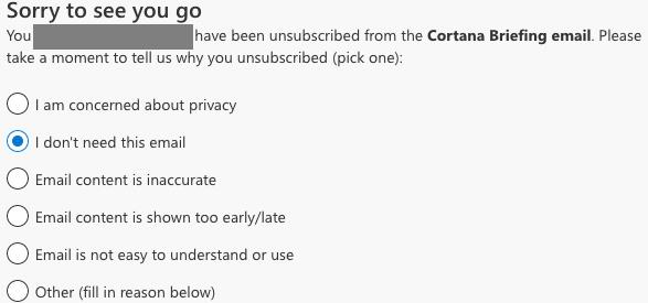 Solució: no es pot cancel·lar la subscripció de Cortana Daily Briefing