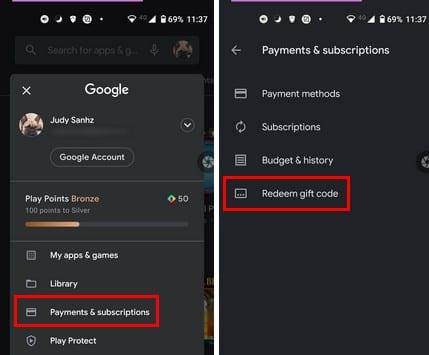 Google Play kinkekaardi lunastamine