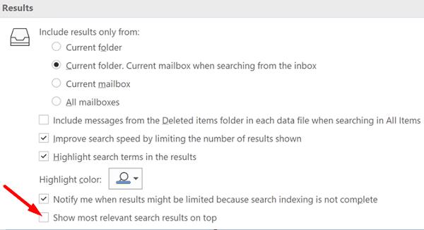 Com desactivar els millors resultats de la cerca d'Outlook