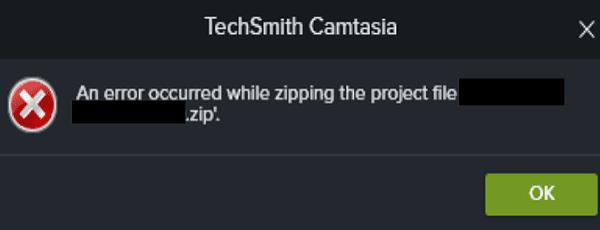 Camtasia: Došlo je do pogreške prilikom komprimiranja projektne datoteke