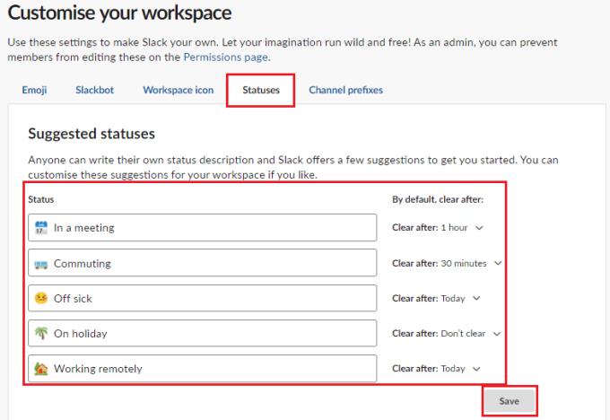 Slack: com canviar l'estat suggerit de l'espai de treball