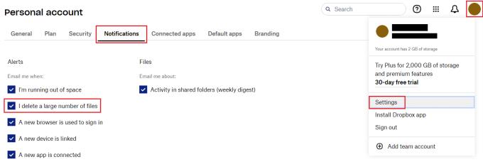 Dropbox: Så här inaktiverar du e-postmeddelanden som informerar dig om att du har tagit bort ett stort antal filer