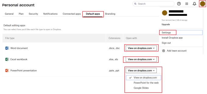 Dropbox: com seleccionar com s'obren les aplicacions d'Office per editar-les