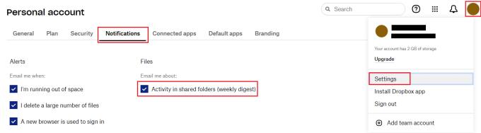 Dropbox: Как да деактивирате имейла за активност на седмичната споделена папка