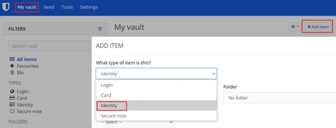 Bitwarden: kā pievienot identitāti glabātuvei