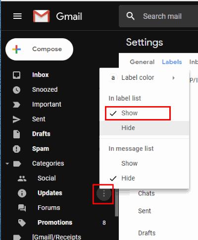 Gmail: Visa/dölj mappar på vänstermeny