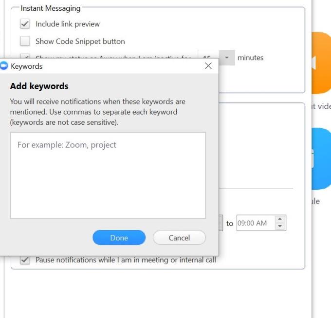 Nastavitev obvestil o ključnih besedah ​​v klepetih Zoom