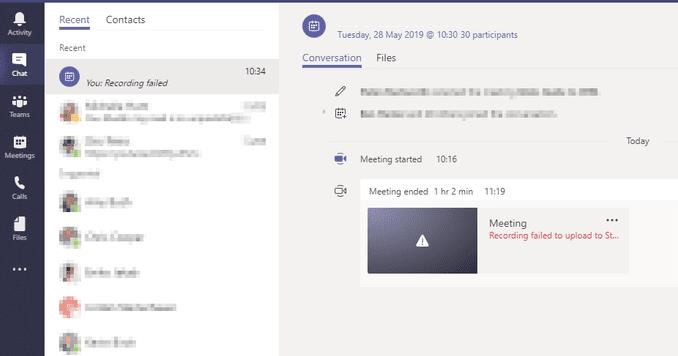 Nahranie záznamu schôdze Microsoft Teams do streamu zlyhalo