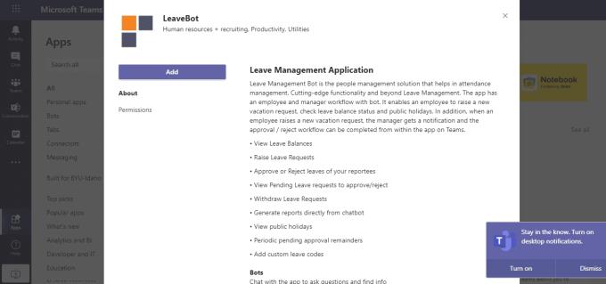 Integració de LeaveBot al vostre compte de Microsoft Teams