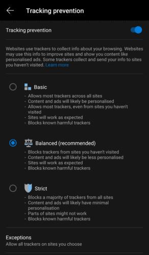 Edge för Android: Hur man konfigurerar spårningsblockering