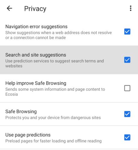 Ecosia pre Android: Ako zakázať predikciu vyhľadávania