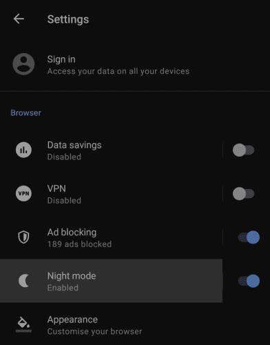 Opera fyrir Android: Hvernig á að stilla Dark Mode