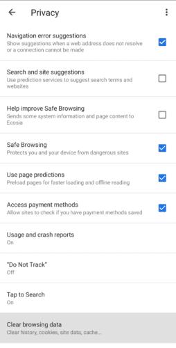 Ecosia pre Android: Ako vymazať údaje prehliadania