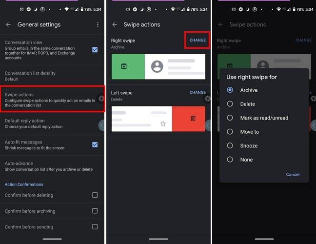 Android 10: Ako zmeniť akcie potiahnutia prstom v Gmaile