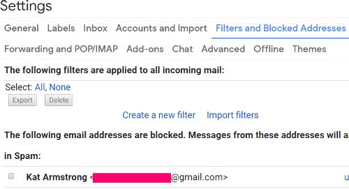 Asmens blokavimas „Gmail“, kad būtų sustabdytas šlamšto siuntimas