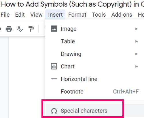 Szimbólumok (például szerzői jog) hozzáadása a Google Dokumentumokhoz
