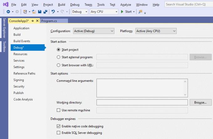 Visual Studio: activar/desactivar la depuració de codi natiu