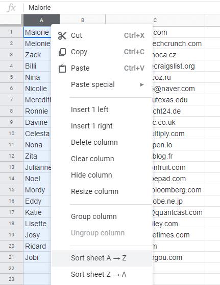 Fulls de càlcul de Google: alfabetització d'una llista