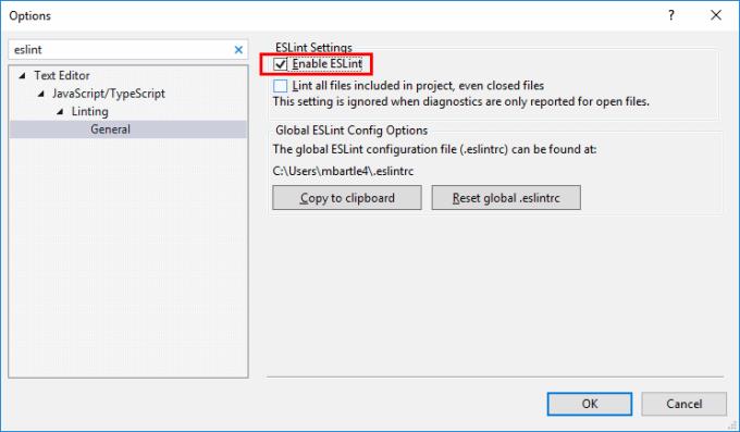 Visual Studio: activar/desactivar ESLint