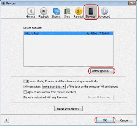 Διαγραφή αντιγράφων ασφαλείας iPad ή iPhone από τον υπολογιστή