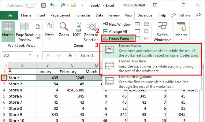 Замразяване или размразяване на панели, колони и редове в Excel