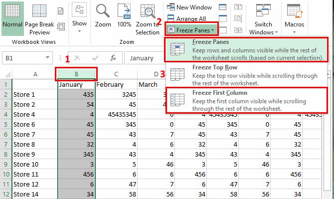 Frys eller opphev frysing av ruter, kolonner og rader i Excel