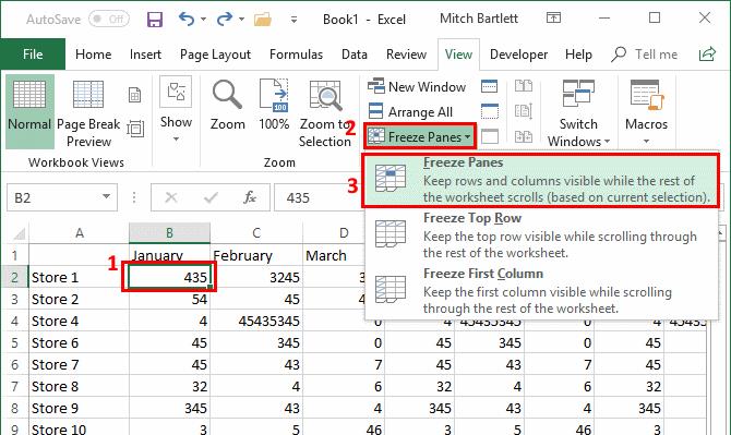 Закріпити або розморозити панелі, стовпці та рядки в Excel