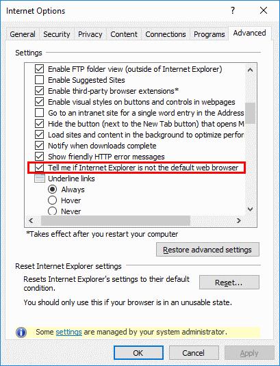 Slå av standard nettleserforespørsel i Windows 10