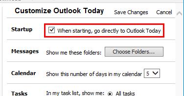 Outlook 2019/365: startēšanas laikā iespējojiet vai atspējojiet programmu Outlook Today