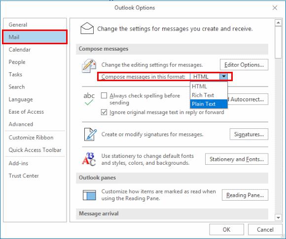 Com canviar la vista a HTML o text sense format a Outlook 2019, 2016 i 365