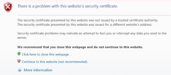 ИЕ: Заобиђите Порука „Постоји проблем са безбедносним сертификатом ове веб локације“.