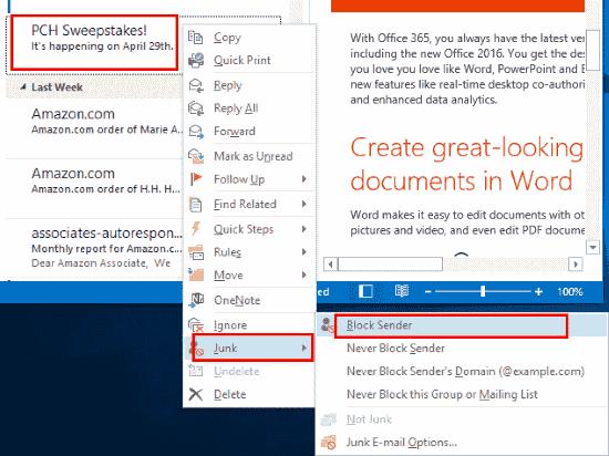 Outlook 2016 ja 2013: Estä sähköpostiosoitteet ja verkkotunnukset