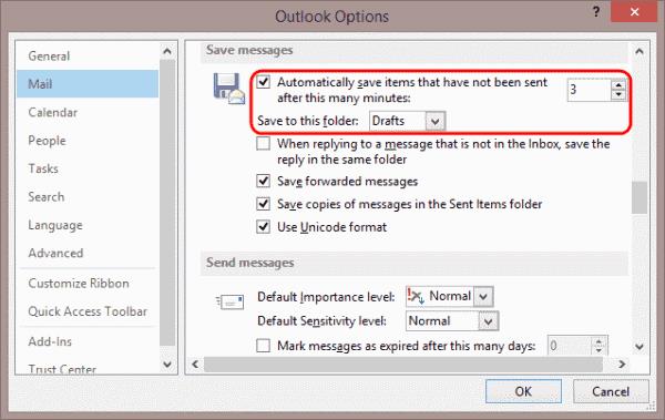 Įgalinkite arba išjunkite automatinį el. pašto išsaugojimą juodraščių aplanke programoje „Outlook 2016“.