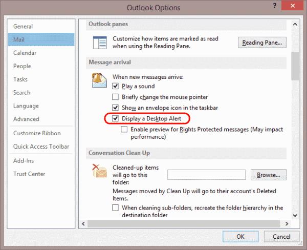 Kā iespējot vai atspējot Outlook pasta paziņojumu lodziņu