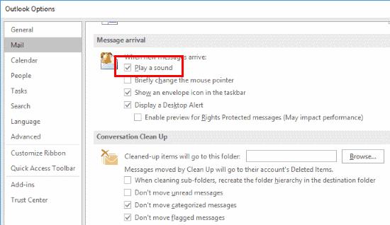 V aplikaci Outlook 2016 zapněte/vypněte zvuk upozornění na poštu