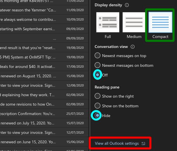 Hur man får en mer kompakt inkorgslayout i Outlook-webbappen