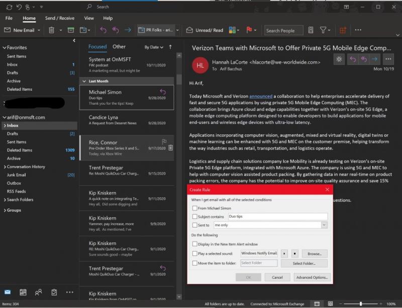 Ako nastaviť pravidlá v Outlooku v systéme Windows 10 na vyčistenie a usporiadanie doručenej pošty